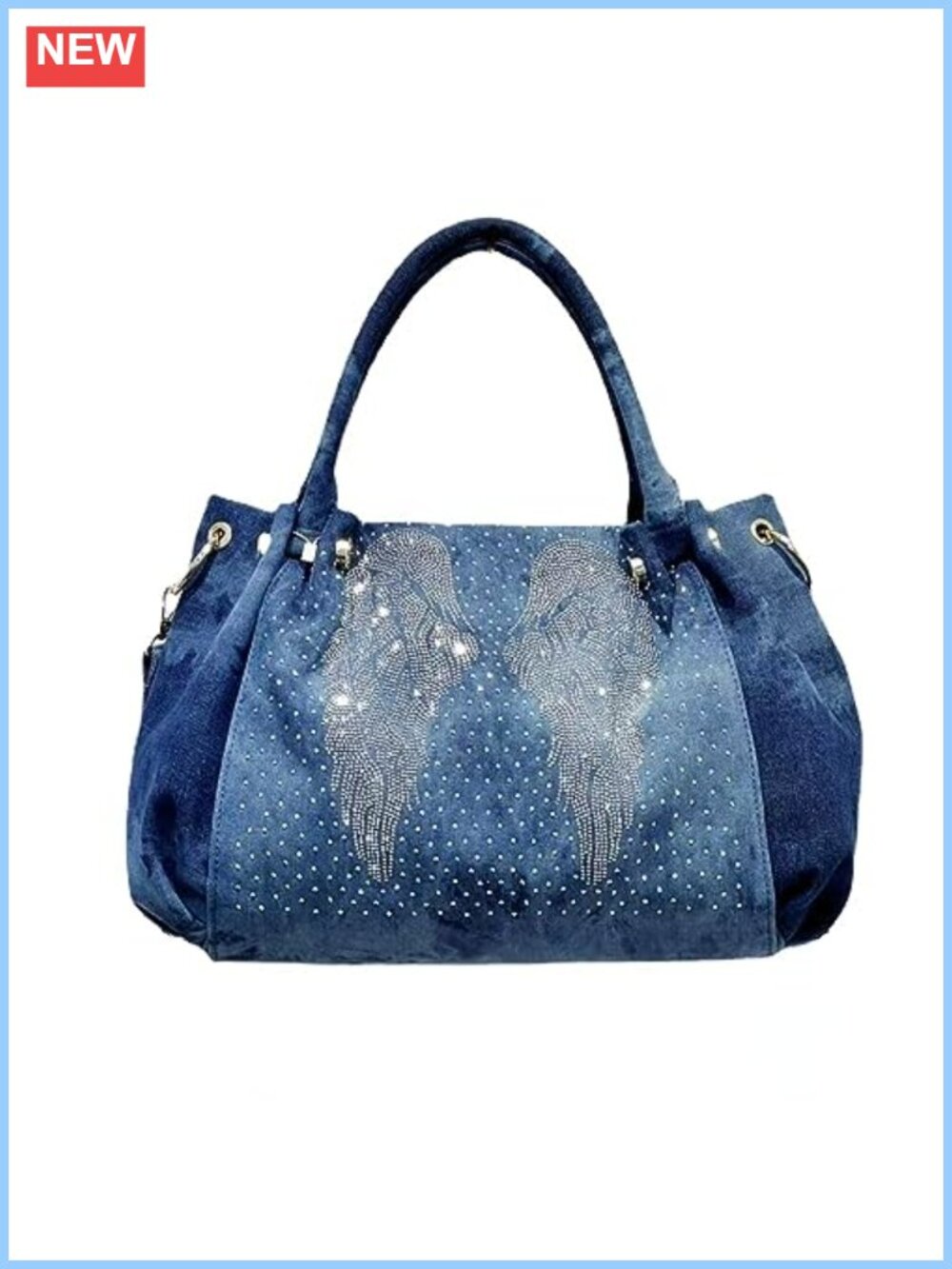 Denim Hobo Bag Women Large Capacity Casual Shoulder Tote with Diamond Wing